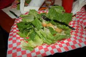 Chicken Caesar salad-near frozen chicken, wilted lettuce and 3 croutons-MEH!